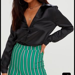 PrettyLittleThing Black Satin Button Front Shirt